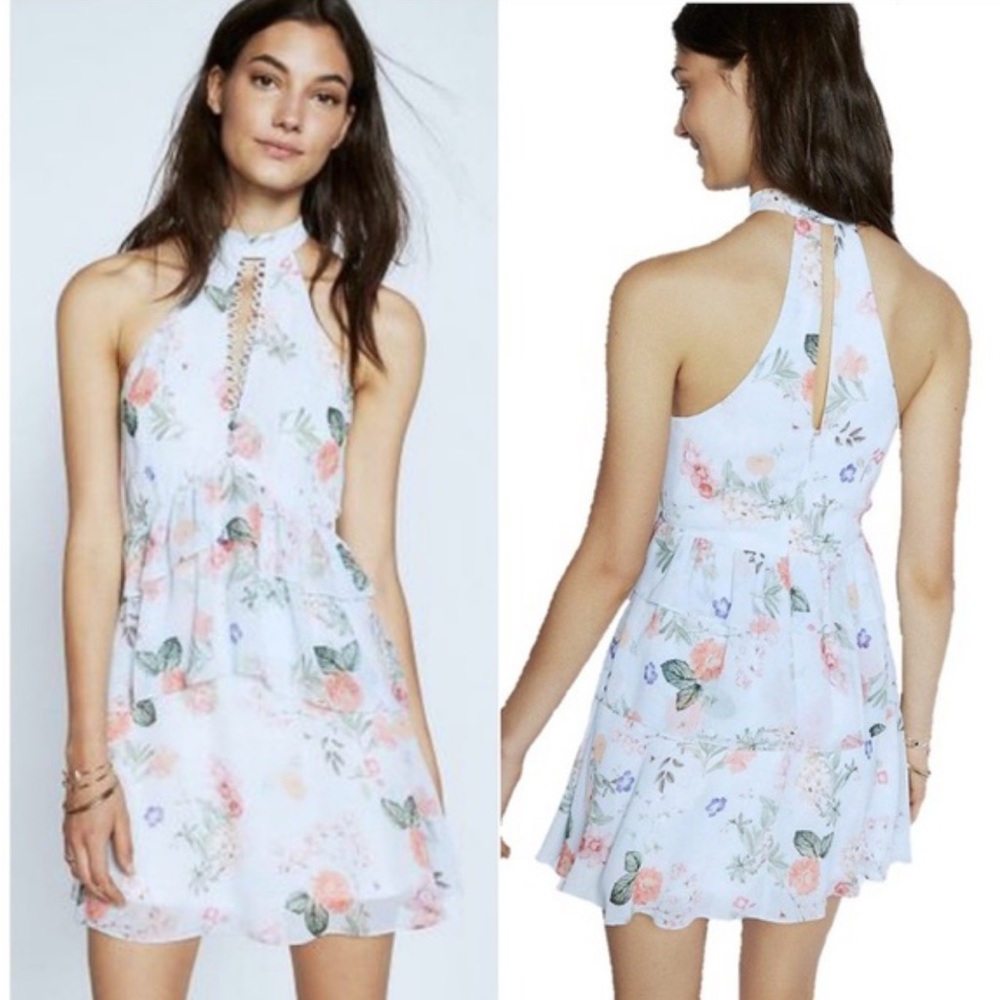 EXPRESS FLORAL WATERCOLOR BLUE HALTER DRESS